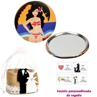 Espejo de Chapa con chica en la Playa, con bolsa de yute y tarjeta personalizada