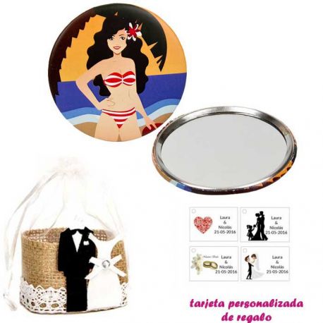 Espejo de Chapa con chica en la Playa, con bolsa de yute y tarjeta personalizada