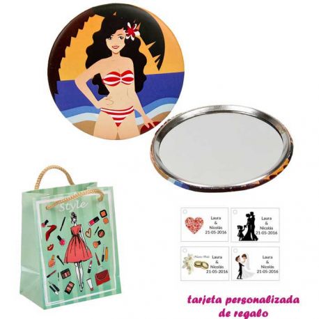 Espejo de Chapa con chica en la Playa, con dibujos de mujer, moda y belleza, y tarjeta personalizada