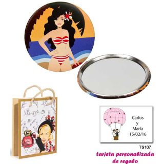 Espejo de Chapa con chica en la Playa, con dibujos de mujer, perfume y belleza, y tarjeta personalizada