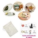 Espejos vintage con zapatos de tacón y bonitos dibujos, con bolsa blanca de organza, y tarjeta personalizada