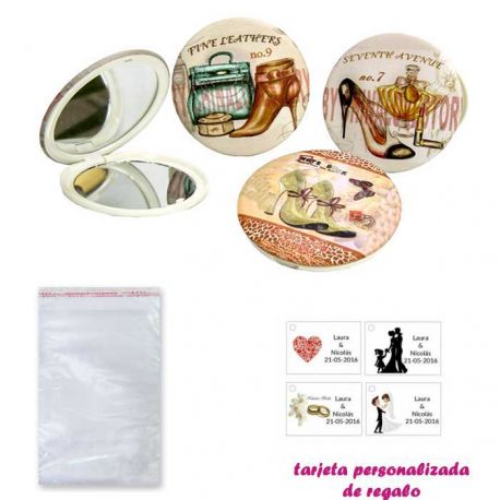 Espejos vintage con zapatos de tacón y bonitos dibujos, con bolsa básica de celofan, y tarjeta personalizada