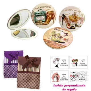 Espejos vintage con zapatos de tacón y bonitos dibujos, con caja de rayas con lazo y tarjeta personalizada