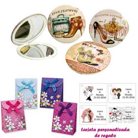 Espejos vintage con zapatos de tacón y bonitos dibujos, con caja de flores y tarjeta personalizada