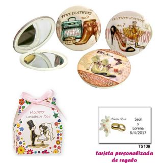 Espejos vintage con zapatos de tacón y bonitos dibujos, con caja de flores y dibujo de novios, y tarjeta personalizada
