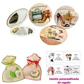 Espejos vintage con zapatos de tacón y bonitos dibujos, con bolsa de saco en crudo y detalles de colores, y tarjeta personalizad