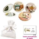 Espejos vintage con zapatos de tacón y bonitos dibujos, con bolsita blanca elegante con alianzas bordadas, y tarjeta personaliza