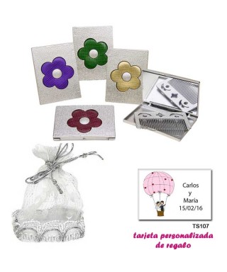 Espejo plateado con una flor grande, y con un peine en el interior, con una elegante bolsa plateada, y tarjeta personalizada