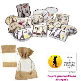 Espejos vintage con motivos de ciudades, con bolsa de saco marrón y tull, y tarjeta personalizada