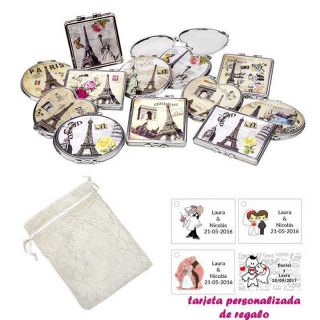 Espejos vintage con motivos de ciudades, con bolsa blanca de organza, y tarjeta personalizada