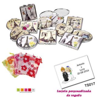 Espejos vintage con motivos de ciudades, con bolsa de organza con motivos florales multicolor, y tarjeta personalizada