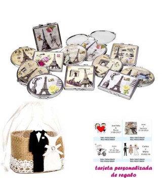 Espejos vintage con motivos de ciudades, con bolsa de yute y tarjeta personalizada