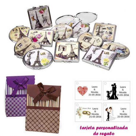 Espejos vintage con motivos de ciudades, con caja de rayas con lazo y tarjeta personalizada