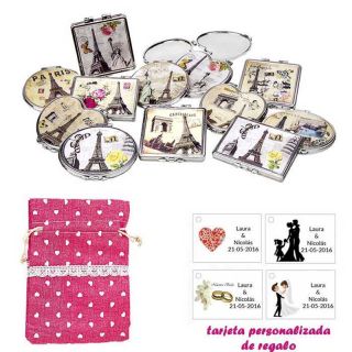 Espejos vintage con motivos de ciudades, con bolsa de saco rosa estampada y tarjeta personalizada