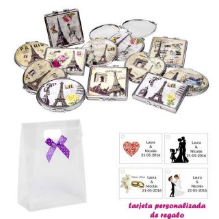 Espejos vintage con motivos de ciudades, con caja de acetato con lazo morado de lunares y tarjeta personalizada
