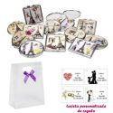 Espejos vintage con motivos de ciudades, con caja de acetato con lazo morado de lunares y tarjeta personalizada