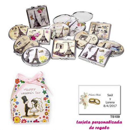 Espejos vintage con motivos de ciudades, con caja de flores y dibujo de novios, y tarjeta personalizada