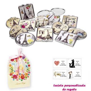 Espejos vintage con motivos de ciudades, con caja de flores, y tarjeta personalizada