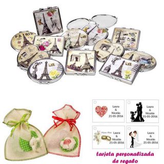 Espejos vintage con motivos de ciudades, con bolsa de saco en crudo y detalles de colores, y tarjeta personalizada
