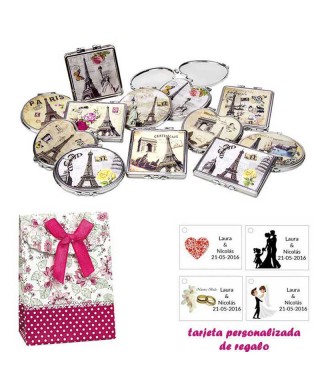 Espejos vintage con motivos de ciudades, con caja de flores y lazo fucsia, y tarjeta personalizada