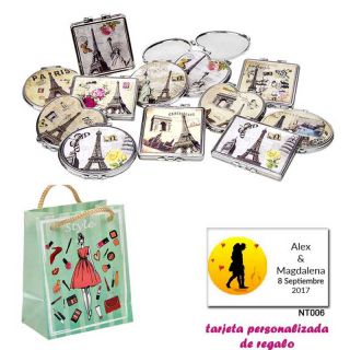 Espejos vintage con motivos de ciudades, con dibujos de mujer, moda y belleza, y tarjeta personalizada