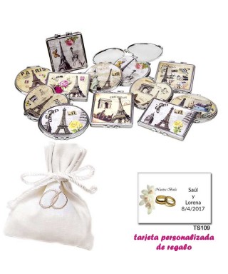 Espejos vintage con motivos de ciudades, con bolsita blanca elegante con alianzas bordadas, y tarjeta personalizada