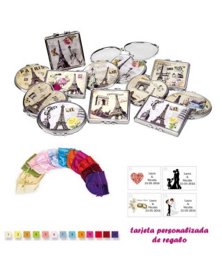 Espejos vintage con motivos de ciudades, con bolsa de raso multicolor, y tarjeta personalizada