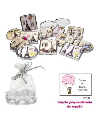 Espejos vintage con motivos de ciudades, con una elegante bolsa plateada, y tarjeta personalizada