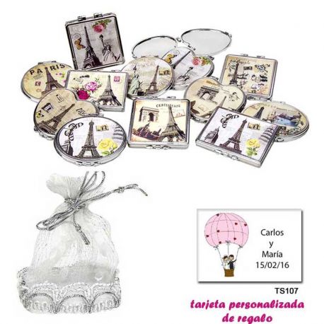 Espejos vintage con motivos de ciudades, con una elegante bolsa plateada, y tarjeta personalizada
