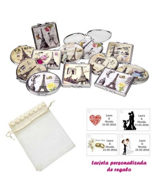 Espejos vintage con motivos de ciudades, con bolsa de organza con flores en el filo de color beige, y tarjeta personalizada