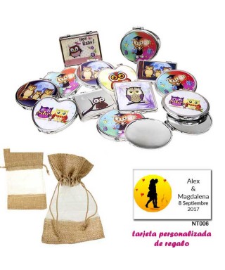 Espejos coloridos con búhos, de diferentes formas, con bolsa de saco marrón y tull, y tarjeta personalizada