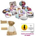 Espejos coloridos con búhos, de diferentes formas, con bolsa de saco marrón y tull, y tarjeta personalizada
