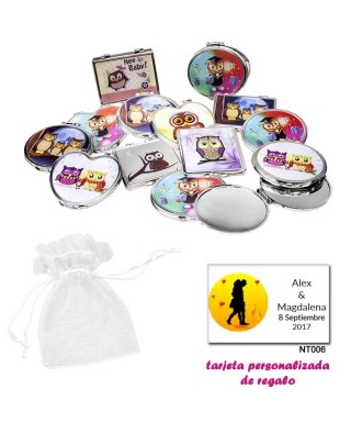 Espejos coloridos con búhos, de diferentes formas, con bolsa blanca de organza, y tarjeta personalizada