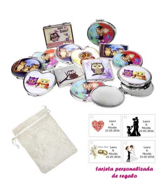 Espejos coloridos con búhos, de diferentes formas, con bolsa blanca de organza, y tarjeta personalizada