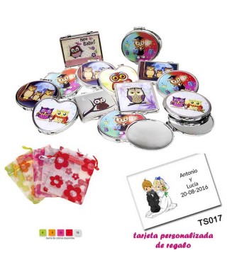 Espejos coloridos con búhos, de diferentes formas, con bolsa de organza con motivos florales multicolor, y tarjeta personalizada