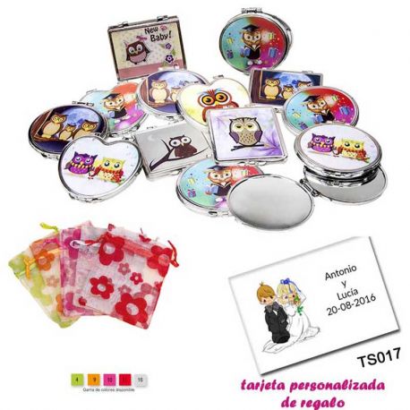 Espejos coloridos con búhos, de diferentes formas, con bolsa de organza con motivos florales multicolor, y tarjeta personalizada