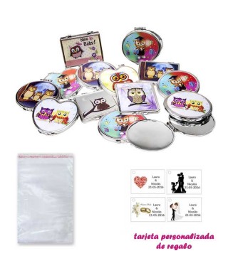 Espejos coloridos con búhos, de diferentes formas, con bolsa básica de celofan, y tarjeta personalizada