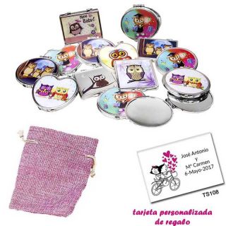 Espejos coloridos con búhos, de diferentes formas, con bolsa de saco rosa y tarjeta personalizada