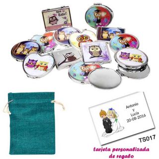 Espejos coloridos con búhos, de diferentes formas, con bolsa de saco azul y tarjeta personalizada