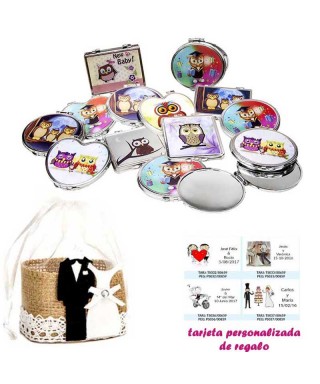 Espejos coloridos con búhos, de diferentes formas, con bolsa de yute y tarjeta personalizada