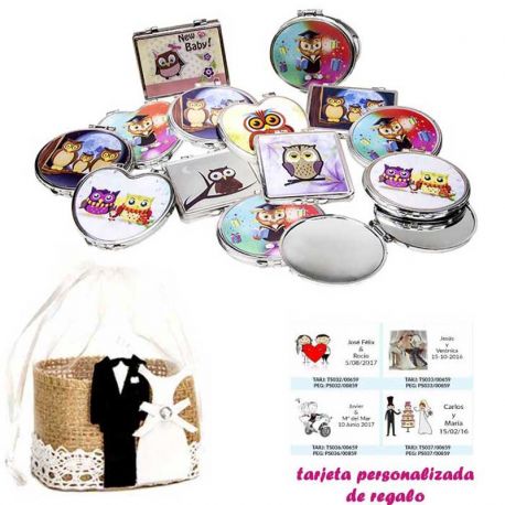 Espejos coloridos con búhos, de diferentes formas, con bolsa de yute y tarjeta personalizada