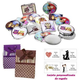 Espejos coloridos con búhos, de diferentes formas, con caja de rayas con lazo y tarjeta personalizada
