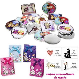 Espejos coloridos con búhos, de diferentes formas, con caja de flores y tarjeta personalizada