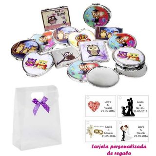 Espejos coloridos con búhos, de diferentes formas, con caja de acetato con lazo morado de lunares y tarjeta personalizada