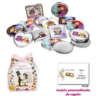 Espejos coloridos con búhos, de diferentes formas, con caja de flores y dibujo de novios, y tarjeta personalizada