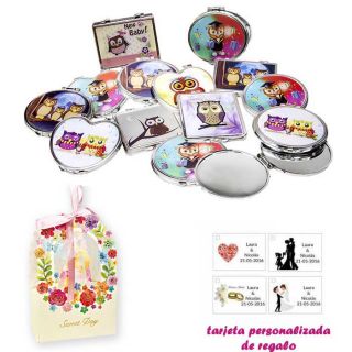 Espejos coloridos con búhos, de diferentes formas, con caja de flores, y tarjeta personalizada