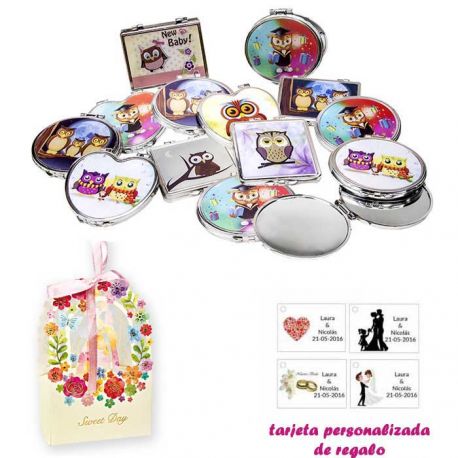 Espejos coloridos con búhos, de diferentes formas, con caja de flores, y tarjeta personalizada