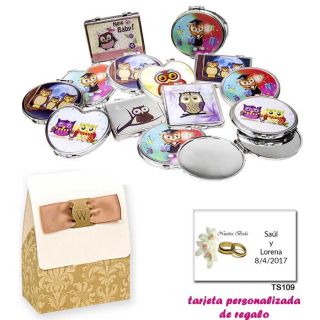 Espejos coloridos con búhos, de diferentes formas, con caja de elgante estampado marrón y blanco, y tarjeta personalizada