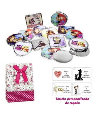 Espejos coloridos con búhos, de diferentes formas, con caja de flores y lazo fucsia, y tarjeta personalizada
