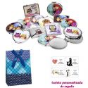Espejos coloridos con búhos, de diferentes formas, con caja de flores y lazo azul, y tarjeta personalizada
